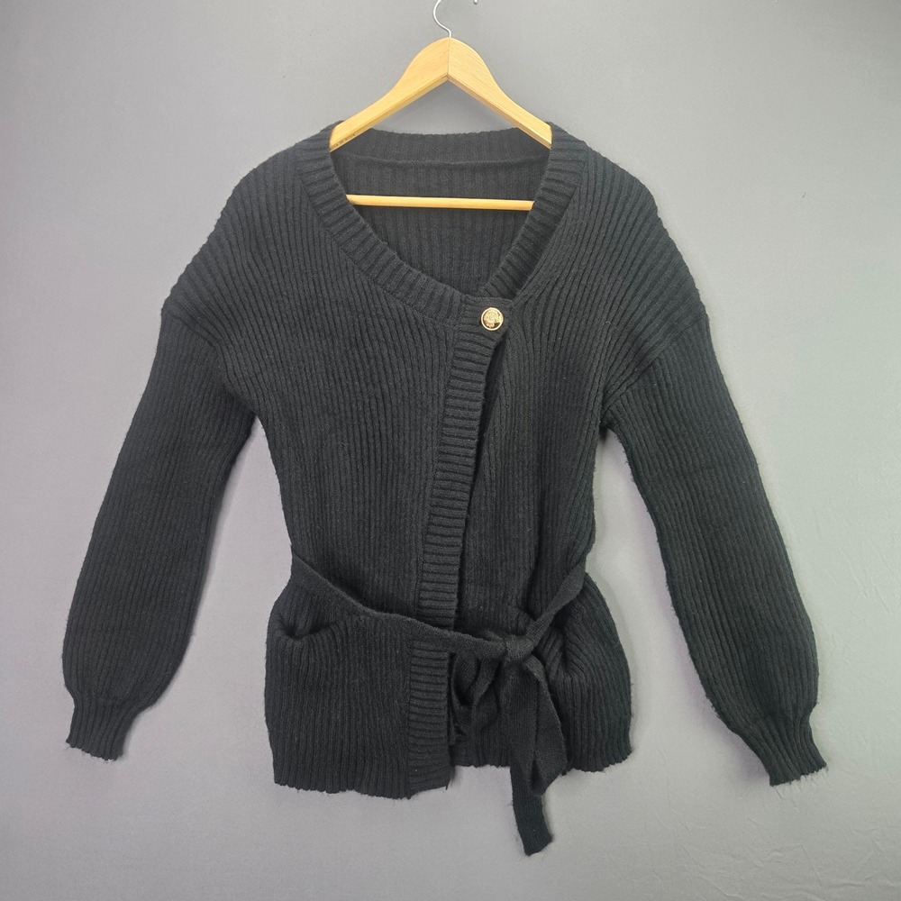 SHEIN Cardigan Sweater Wrap Belted XS Black Ribbed Knit Gold Button V-Neck